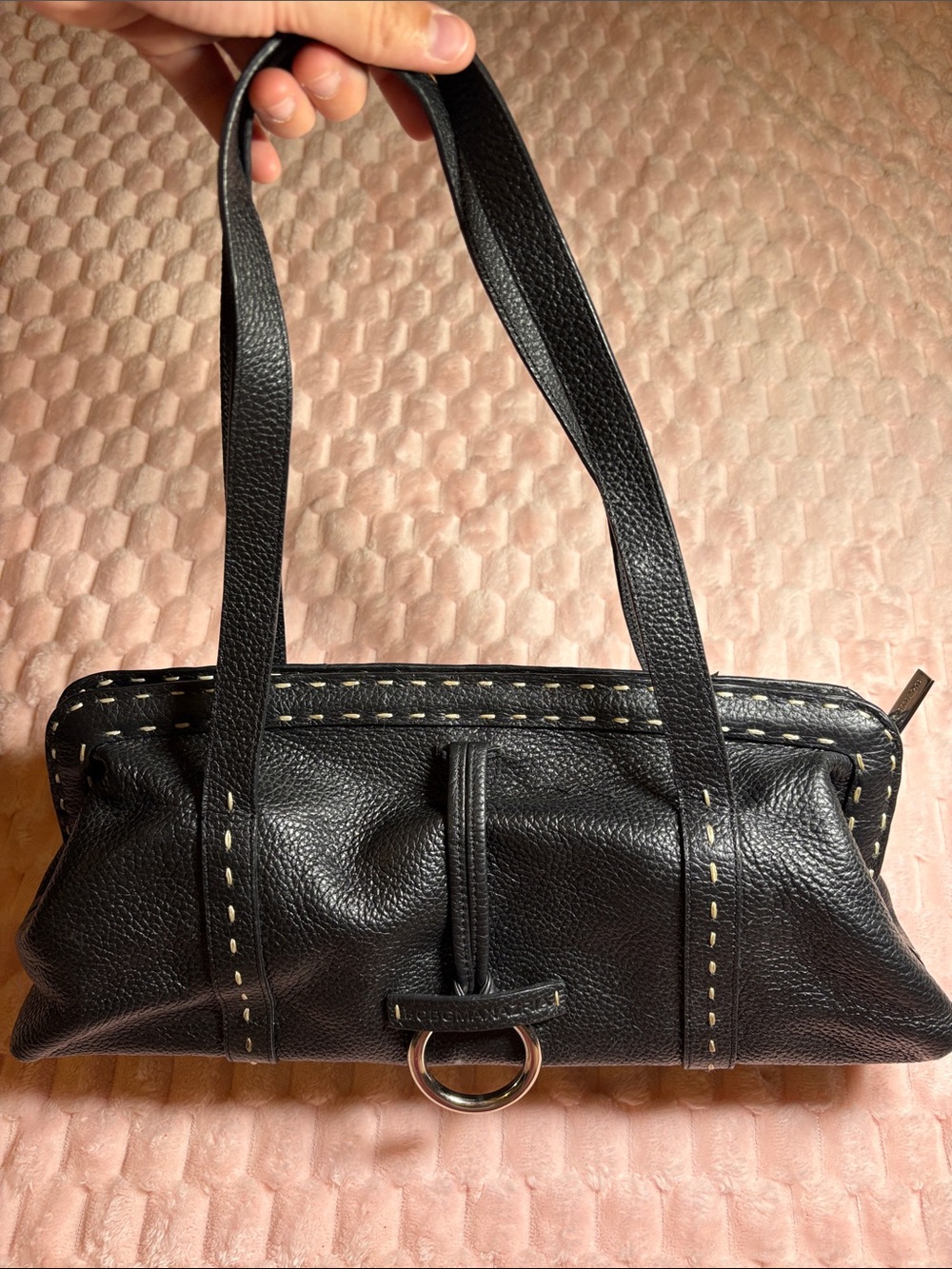 Y2K Black Faux Leather Shoulder Bag | Stitching Detail